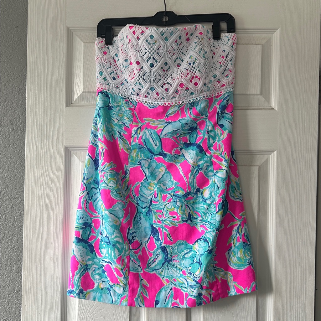 Lilly Pulitzer Brynn Strapless Lace Dress Raz Berry Lobsters In Love Size 12